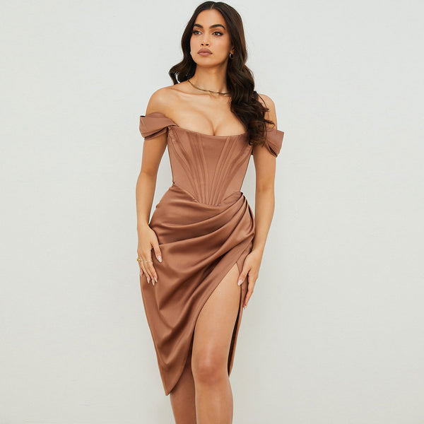 Off Shoulder Boned Midi Dress