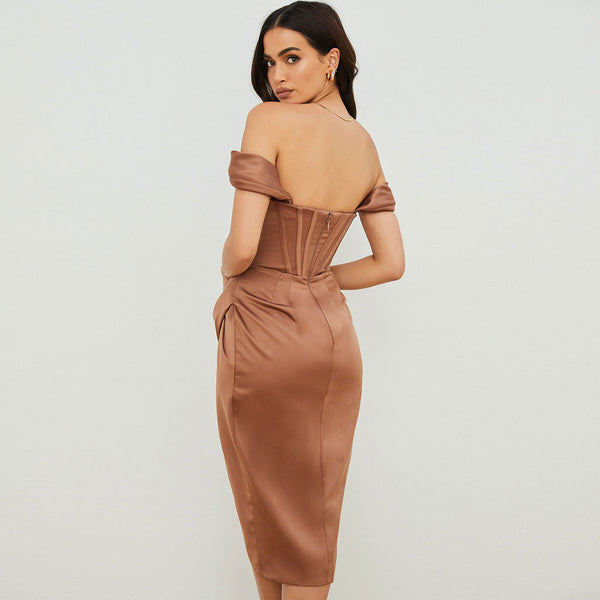 Off Shoulder Boned Midi Dress
