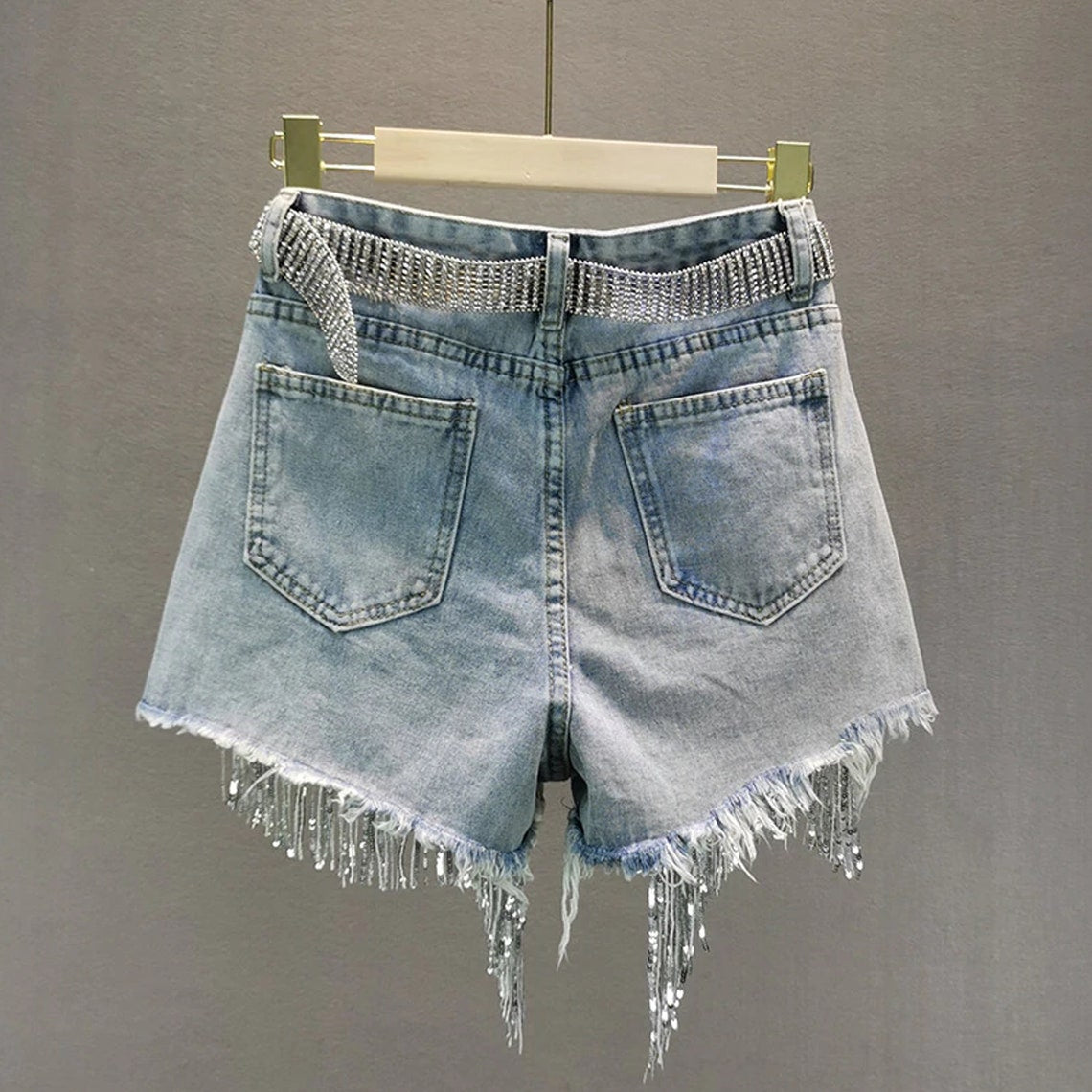 Luxury Rhinestone Tasseled Denim Shorts (Belt Not Included)