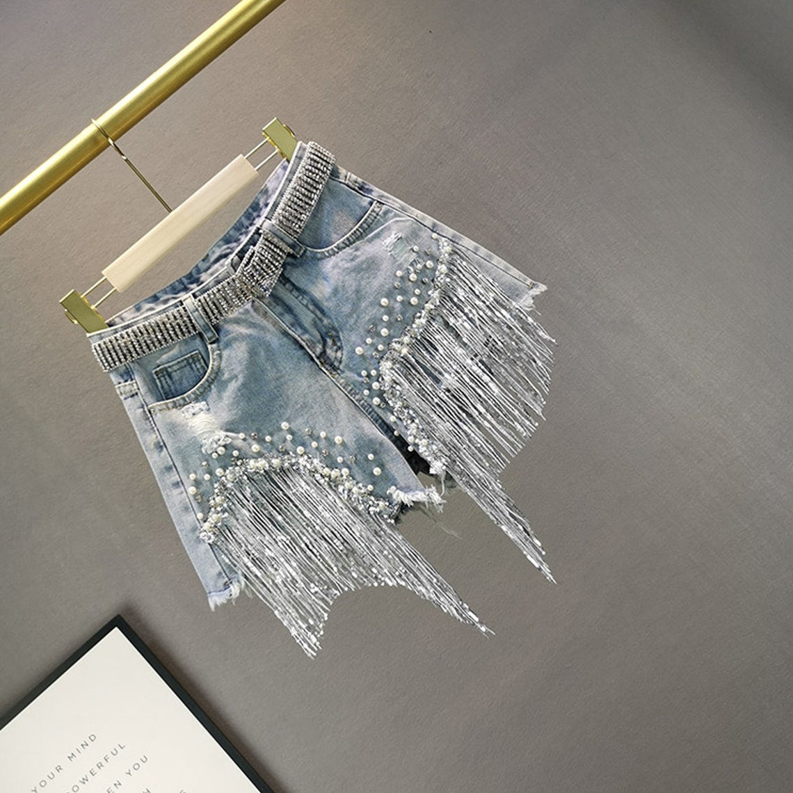 Luxury Rhinestone Tasseled Denim Shorts (Belt Not Included)