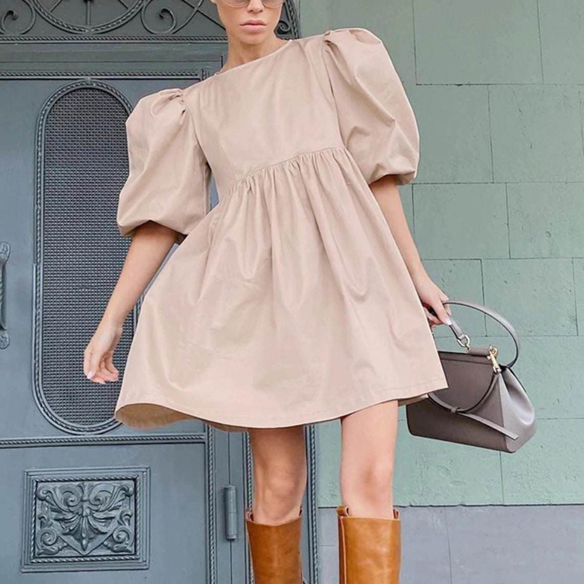 Casual O-neck Puff Shoulder Lantern Sleeves Mini Dress