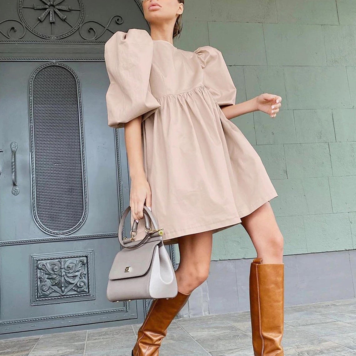 Casual O-neck Puff Shoulder Lantern Sleeves Mini Dress