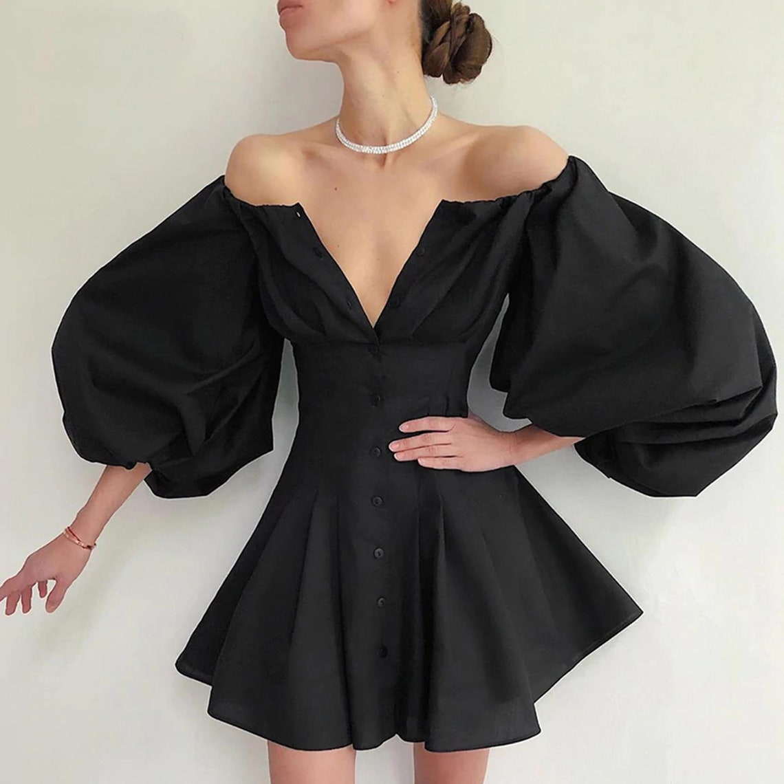 Elegant Flare Balloon Long Sleeves Button Down Chic Dress