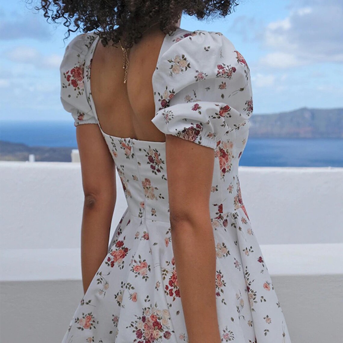 Printed Floral Trendy Squared Collar Mini Dress