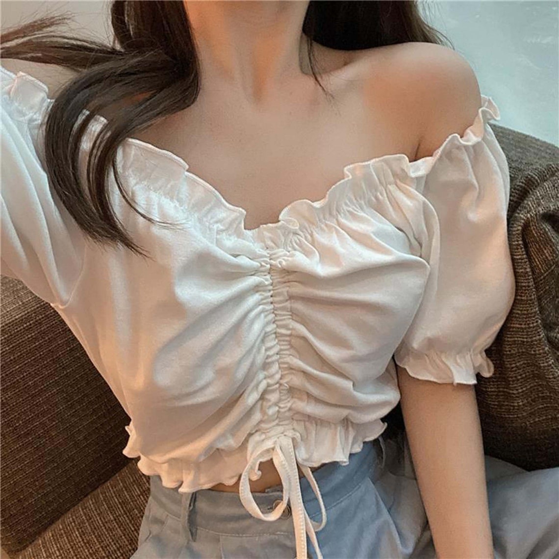Chiffon Strings Ruched Puff Shoulder Crop Top
