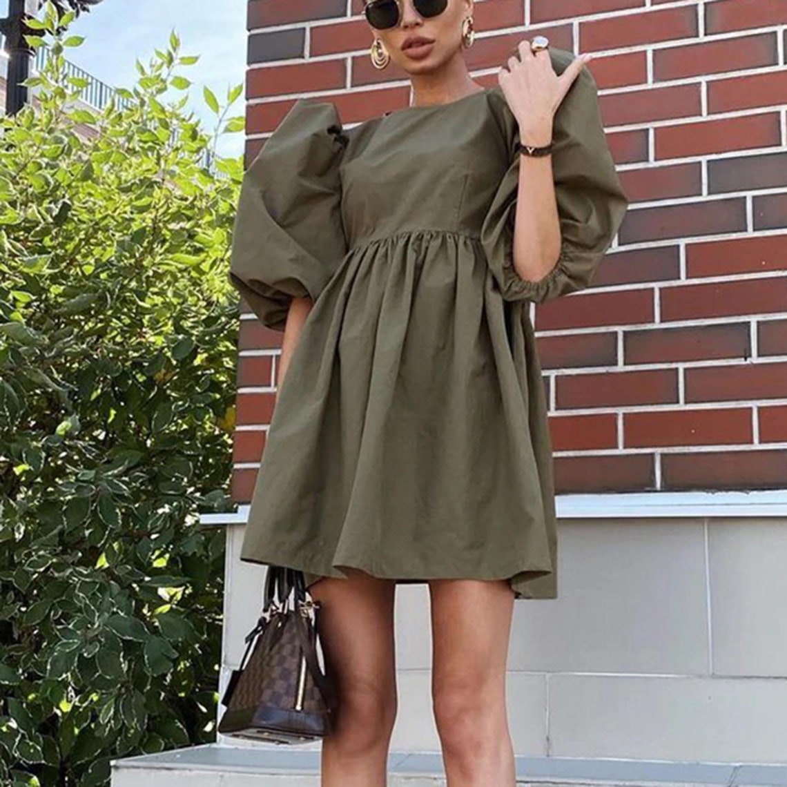 Casual O-neck Puff Shoulder Lantern Sleeves Mini Dress