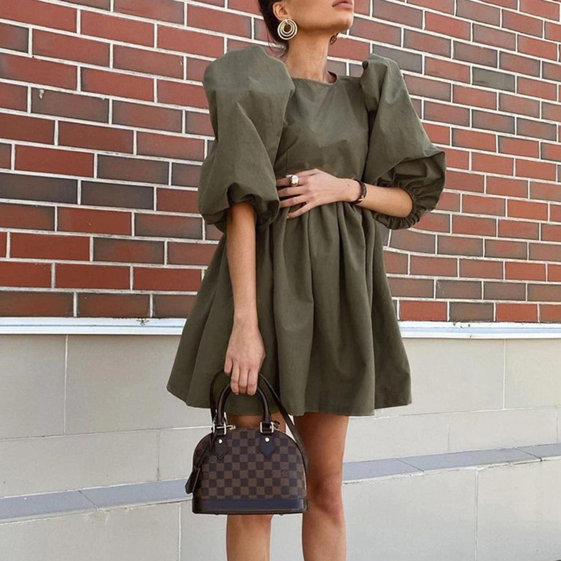Casual O-neck Puff Shoulder Lantern Sleeves Mini Dress