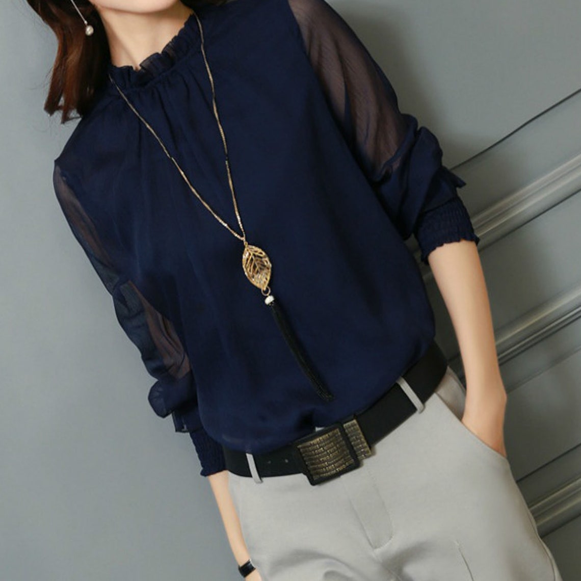 Chiffon Long Sleeve Stand Neck Elegant Lady Casual Blouse