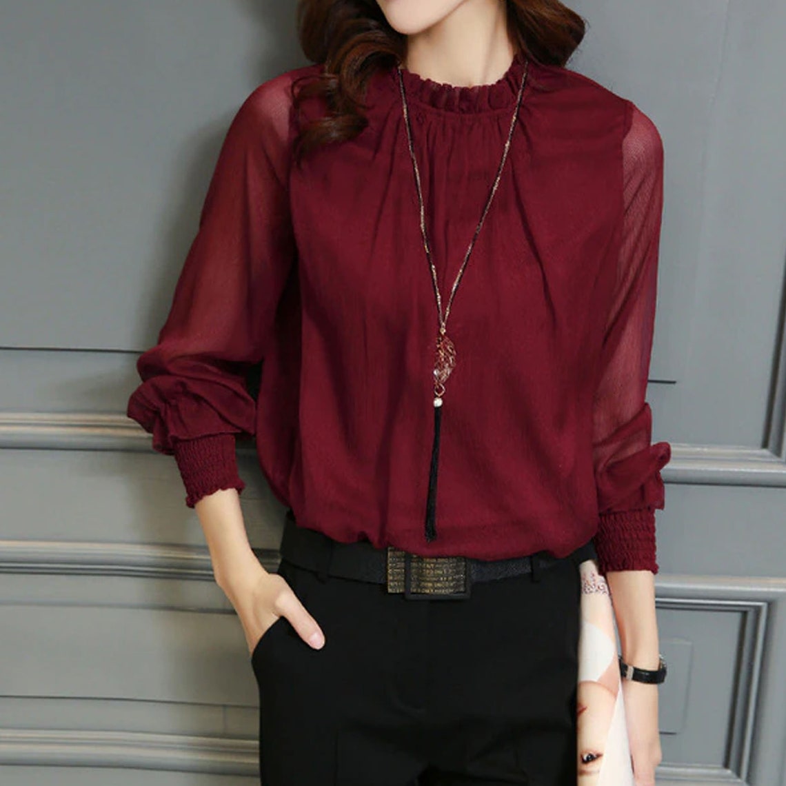 Chiffon Long Sleeve Stand Neck Elegant Lady Casual Blouse