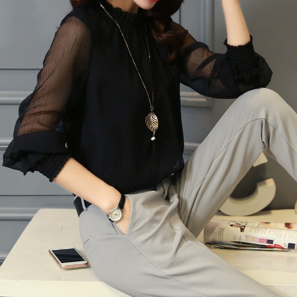 Chiffon Long Sleeve Stand Neck Elegant Lady Casual Blouse
