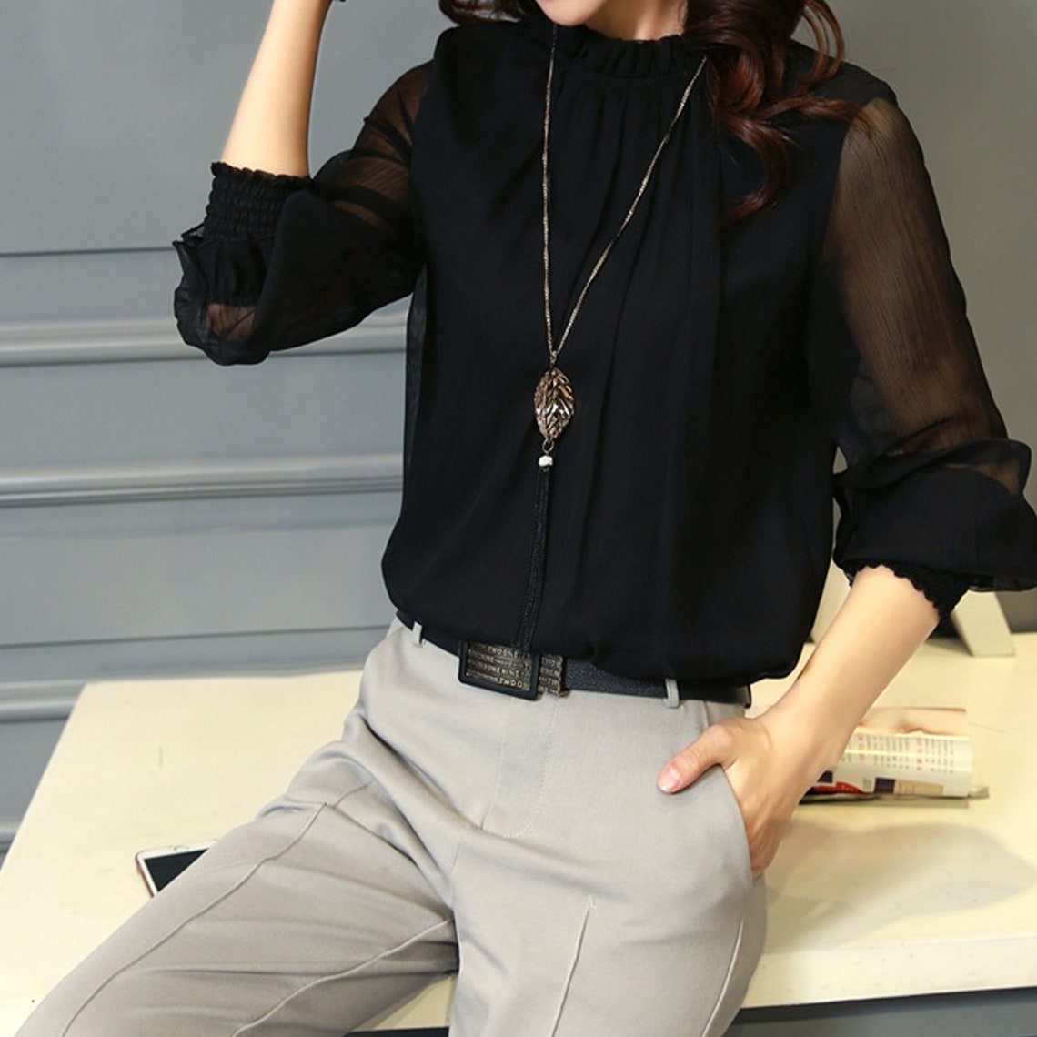 Chiffon Long Sleeve Stand Neck Elegant Lady Casual Blouse