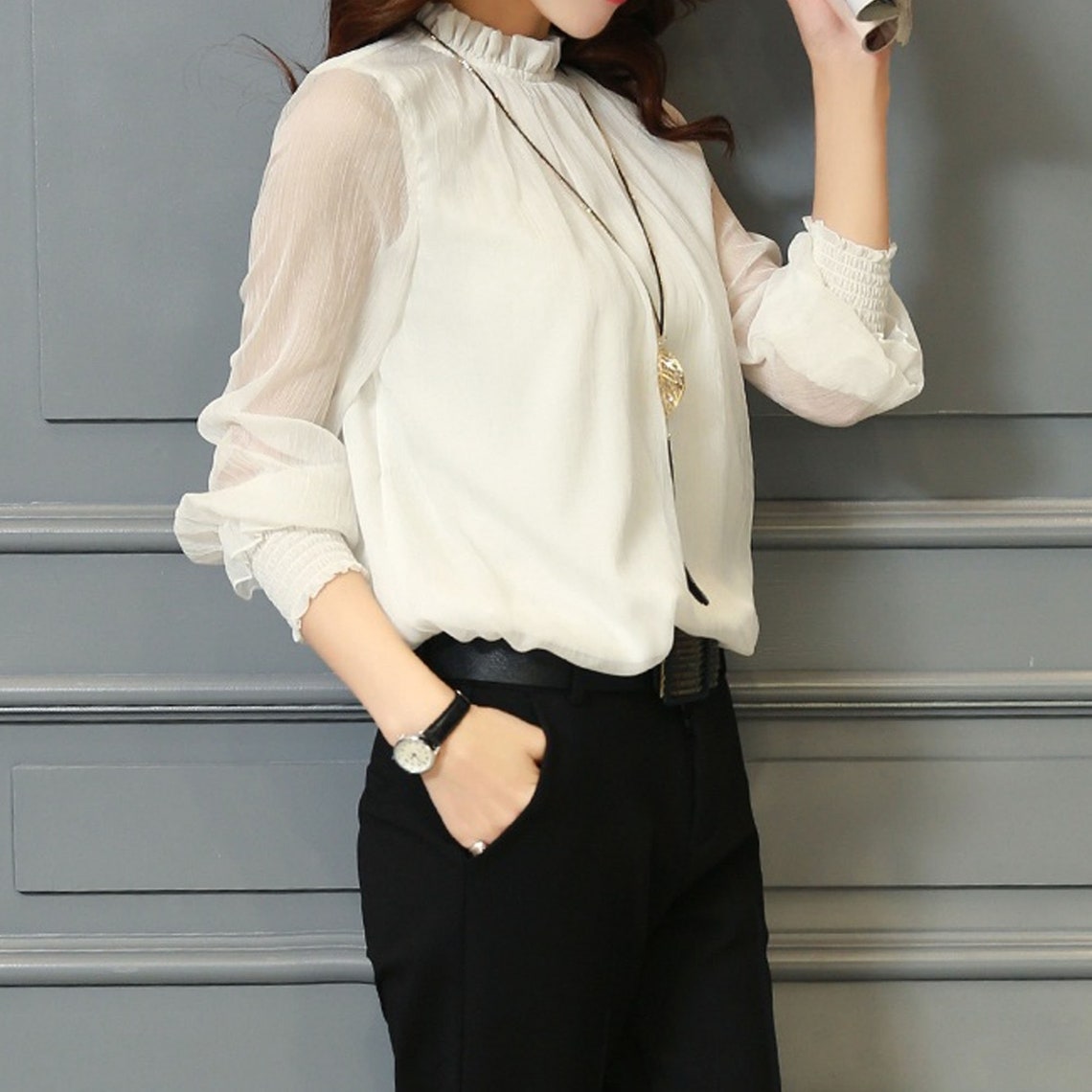 Chiffon Long Sleeve Stand Neck Elegant Lady Casual Blouse