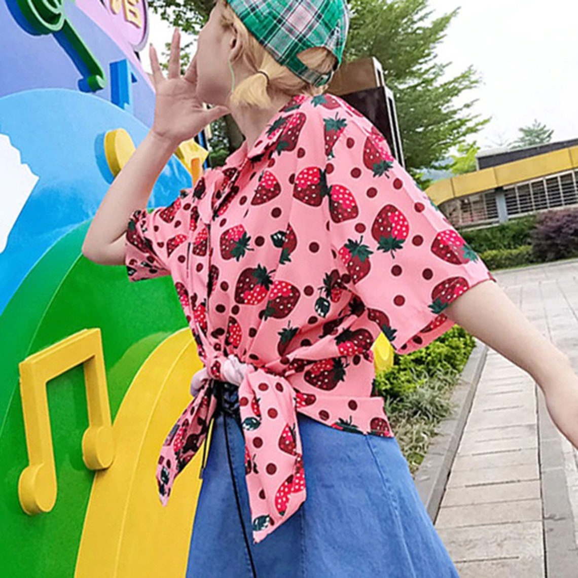 Pink Strawberry Fully Print Summer Holiday Fashion Top