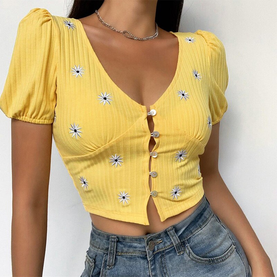 Yellow Floral Embroidered Puff Shoulder Top