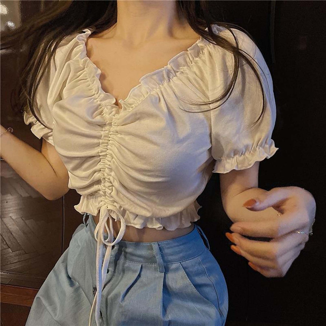 Chiffon Strings Ruched Puff Shoulder Crop Top