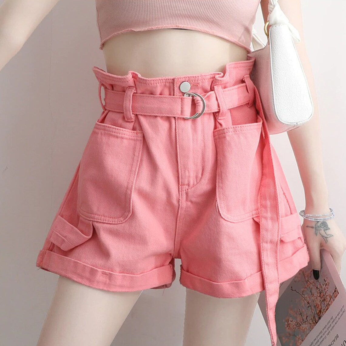 Vintage Pink Elastic Pleated Wide Leg Shorts