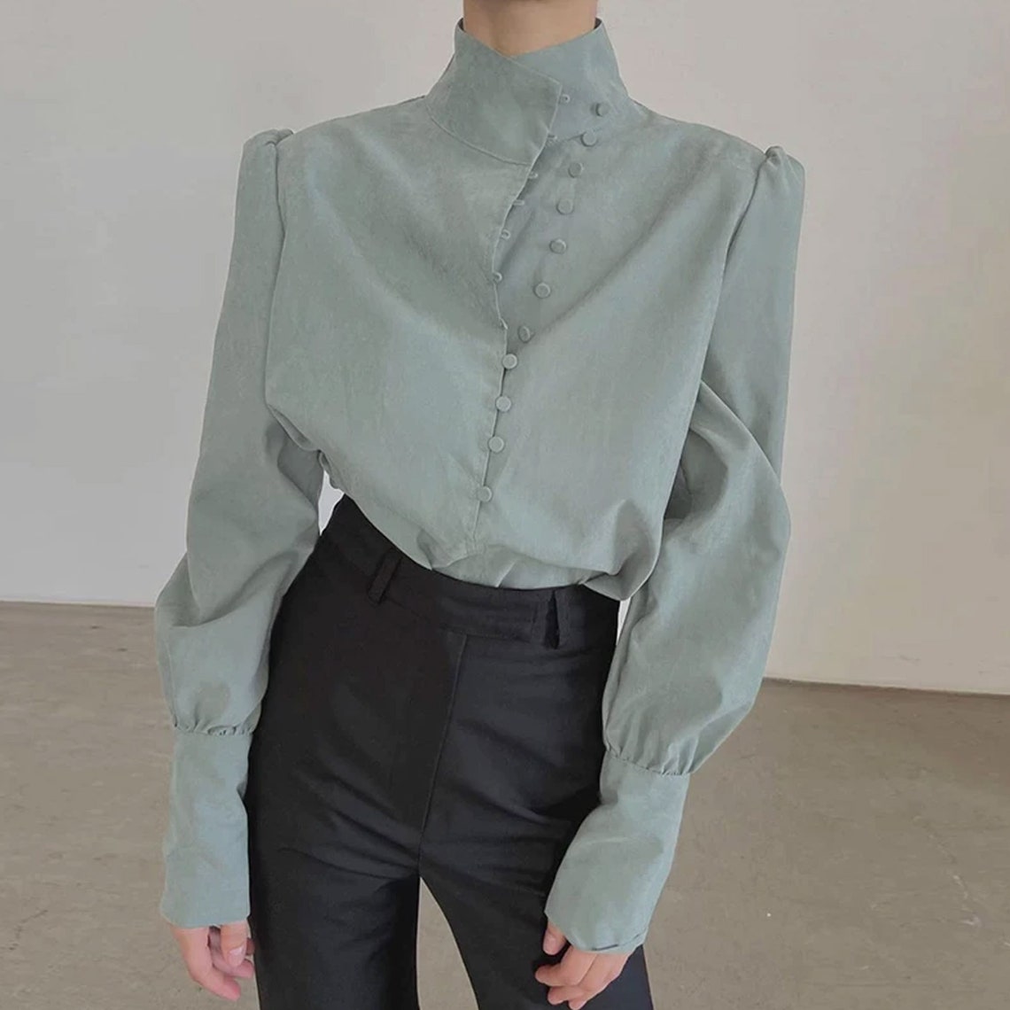 Elegant Turtleneck Puff Shoulder Blouse