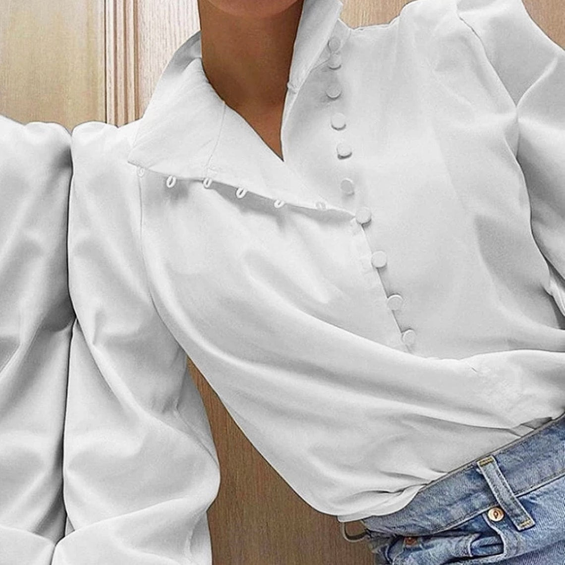 Elegant Turtleneck Puff Shoulder Blouse