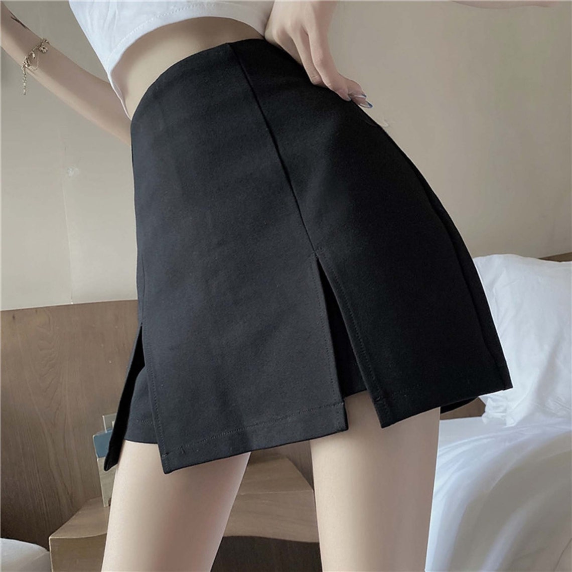 Double Sides Slit High Waisted Black Mini Skirt