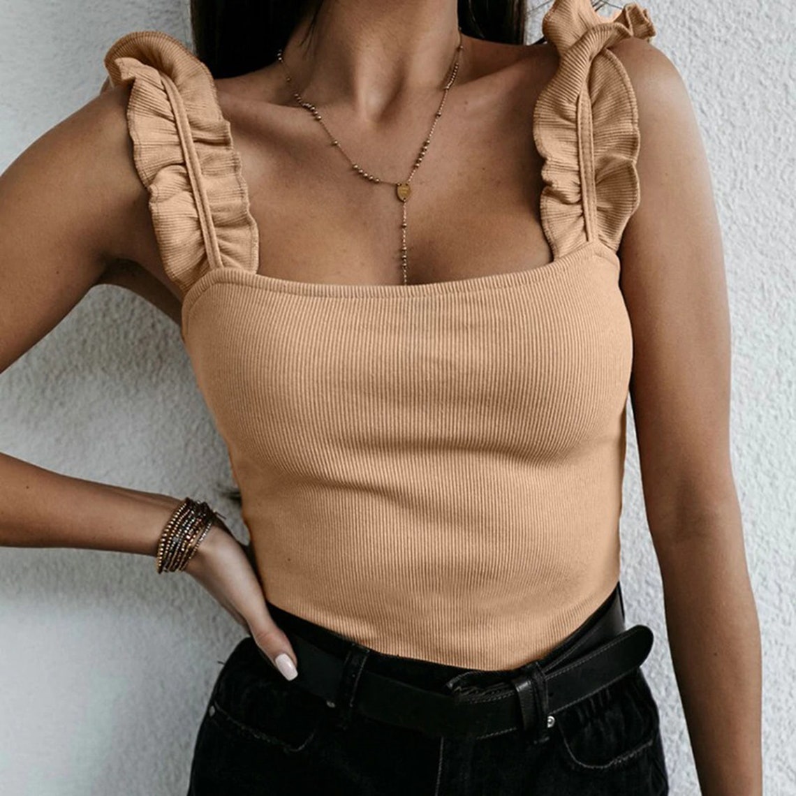 Ruffled Straps Squared Collar Knitted Ribbed Top