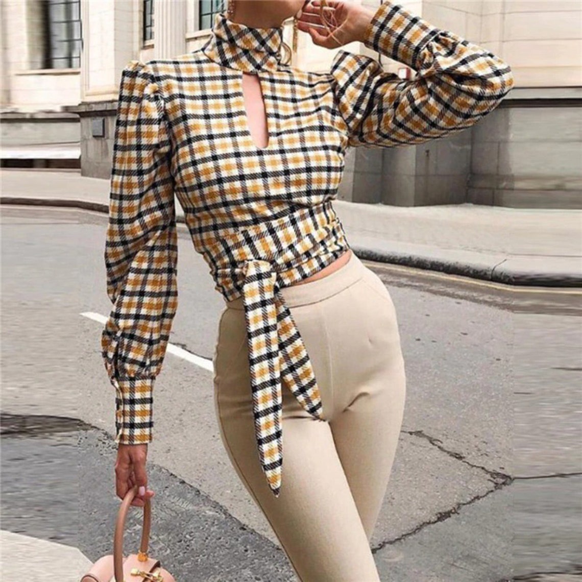 Backless Plaid Pattern Print Turtleneck Fashion Blouse