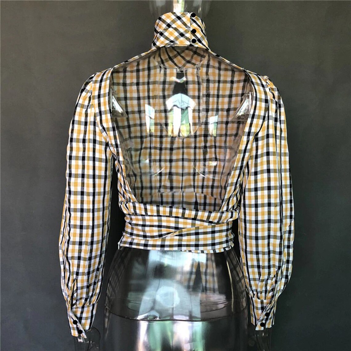 Backless Plaid Pattern Print Turtleneck Fashion Blouse