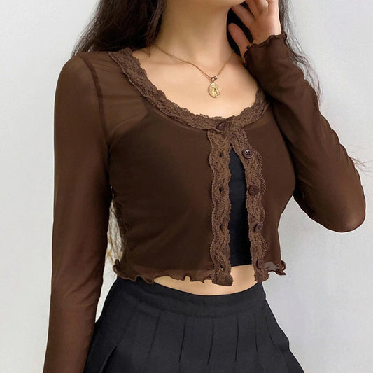 Brown See-through Vintage Floral Lace Cropped Tees