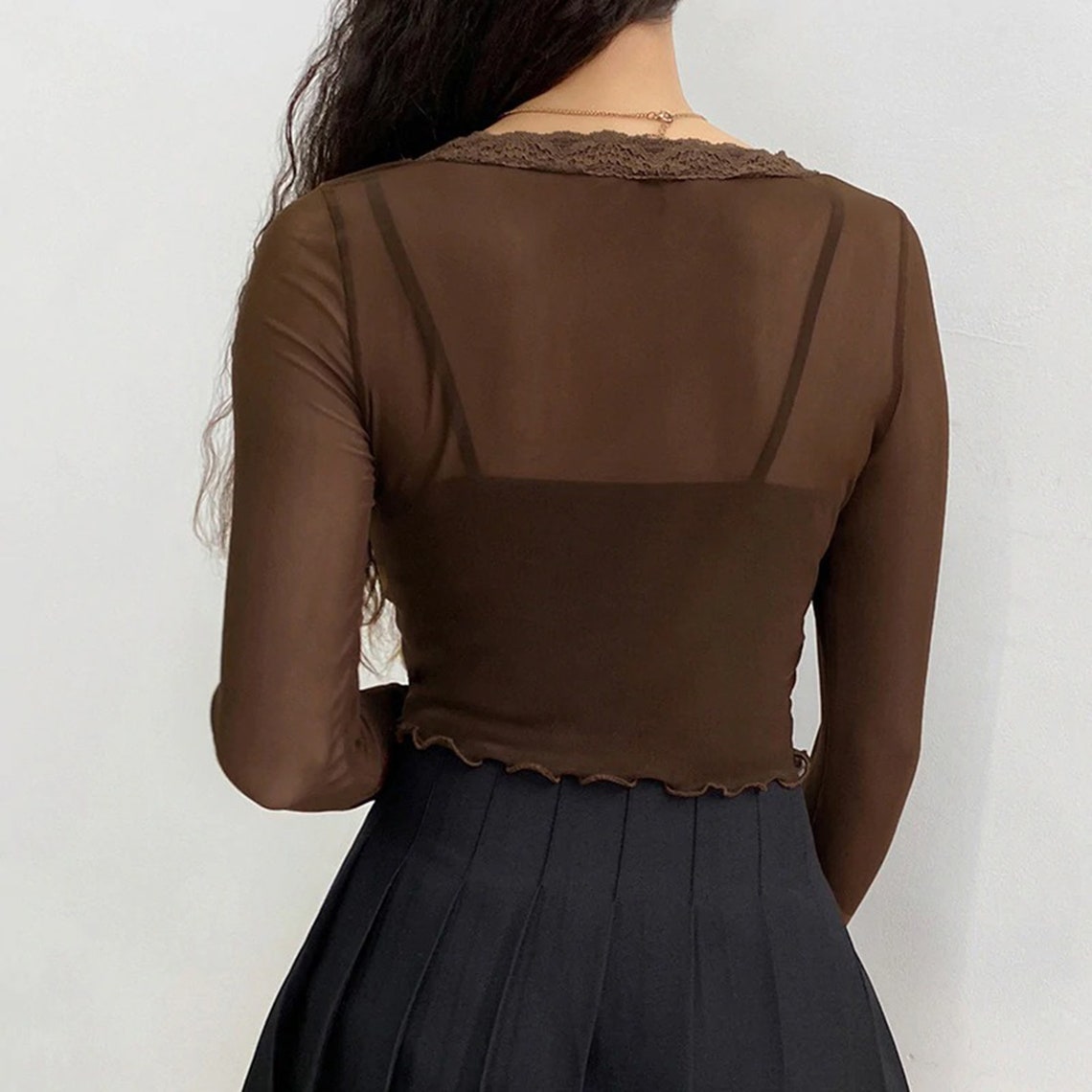 Brown See-through Vintage Floral Lace Cropped Tees