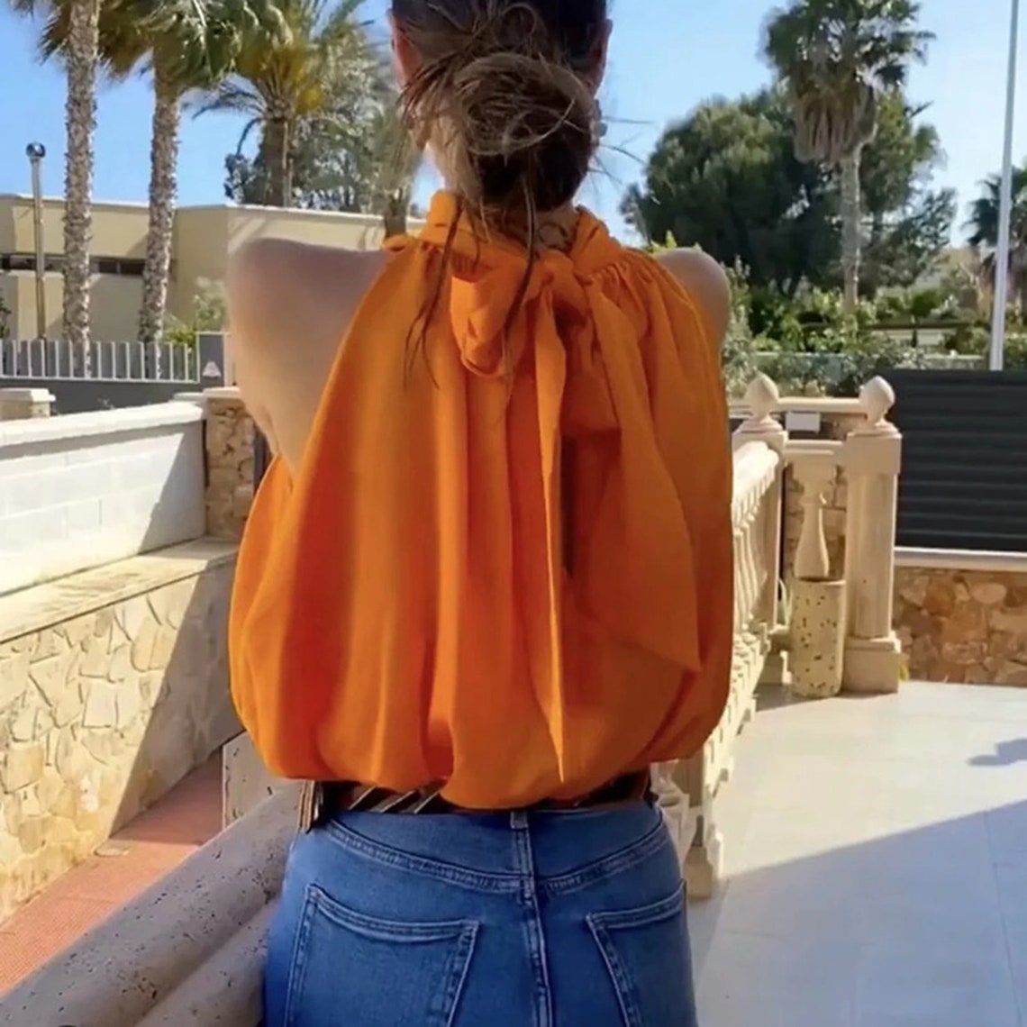 Orange Pleated High Neck Bow Knot Back Lantern Top