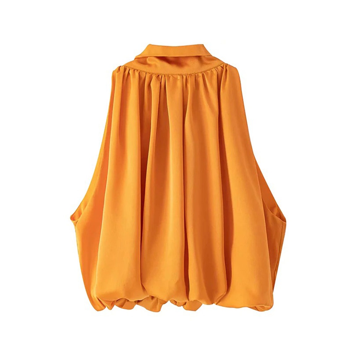 Orange Pleated High Neck Bow Knot Back Lantern Top