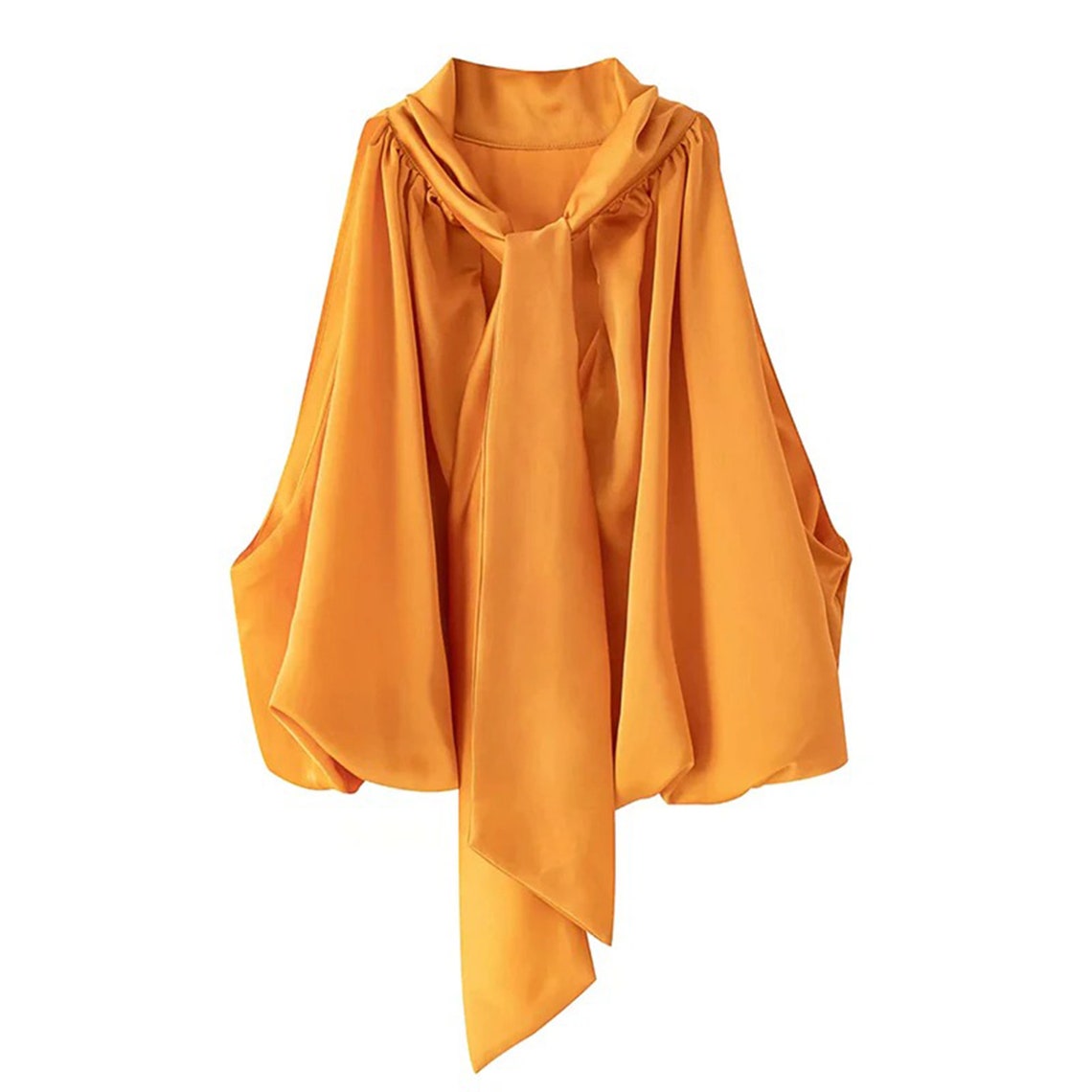 Orange Pleated High Neck Bow Knot Back Lantern Top