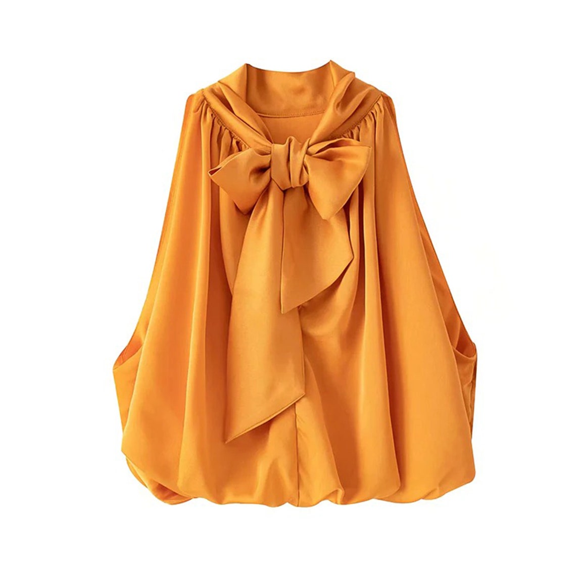 Orange Pleated High Neck Bow Knot Back Lantern Top