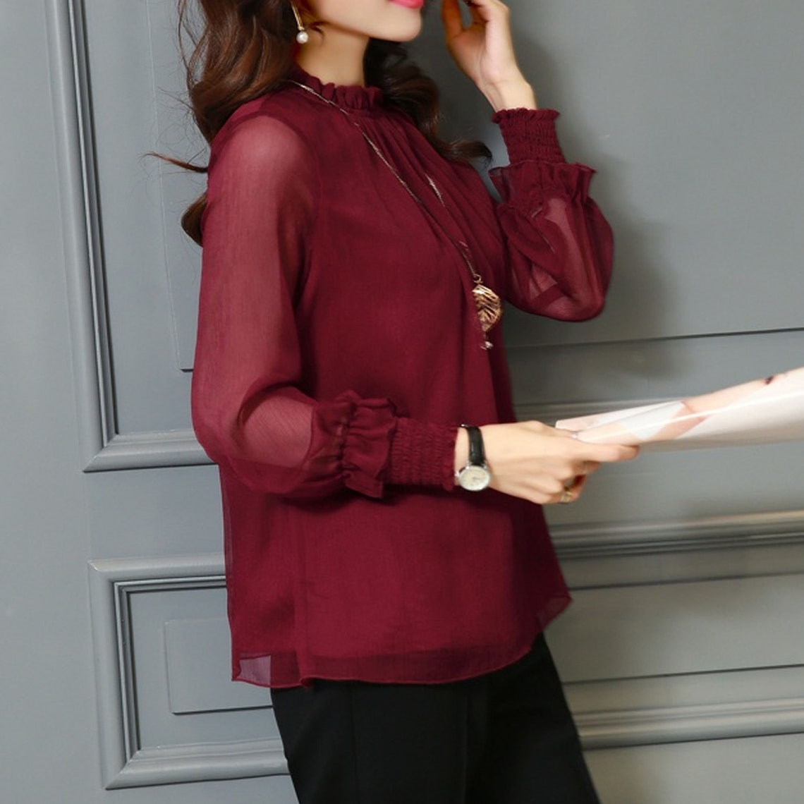 Chiffon Long Sleeve Stand Neck Elegant Lady Casual Blouse