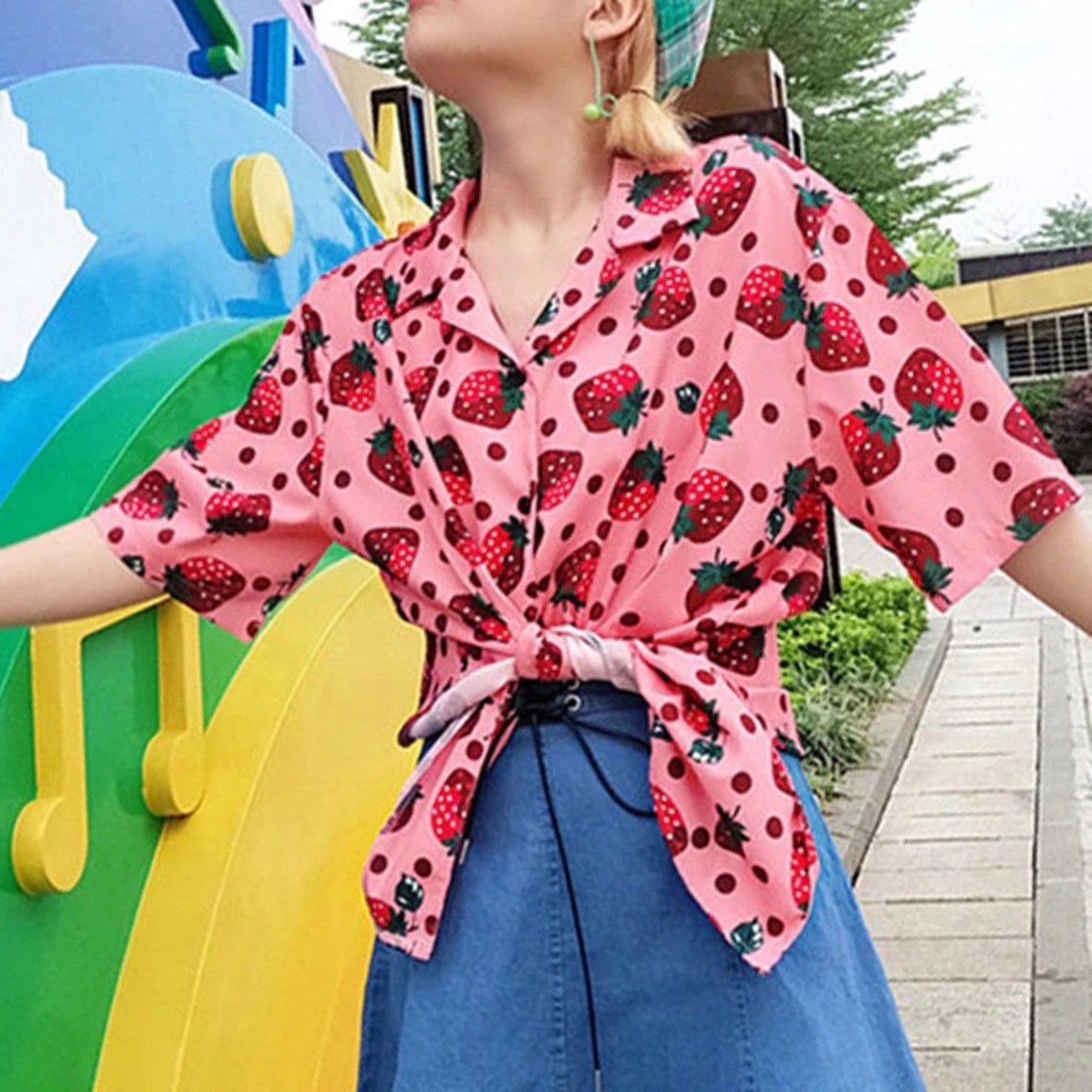 Pink Strawberry Fully Print Summer Holiday Fashion Top