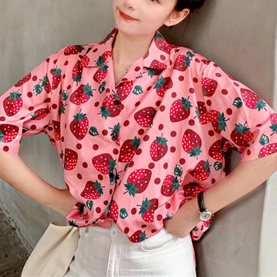 Pink Strawberry Fully Print Summer Holiday Fashion Top