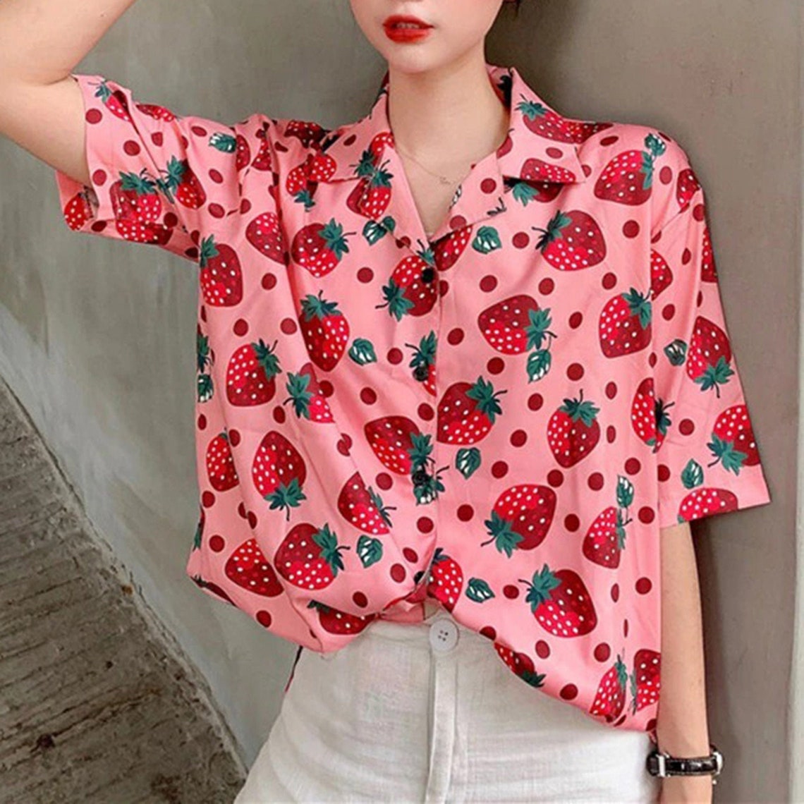 Pink Strawberry Fully Print Summer Holiday Fashion Top