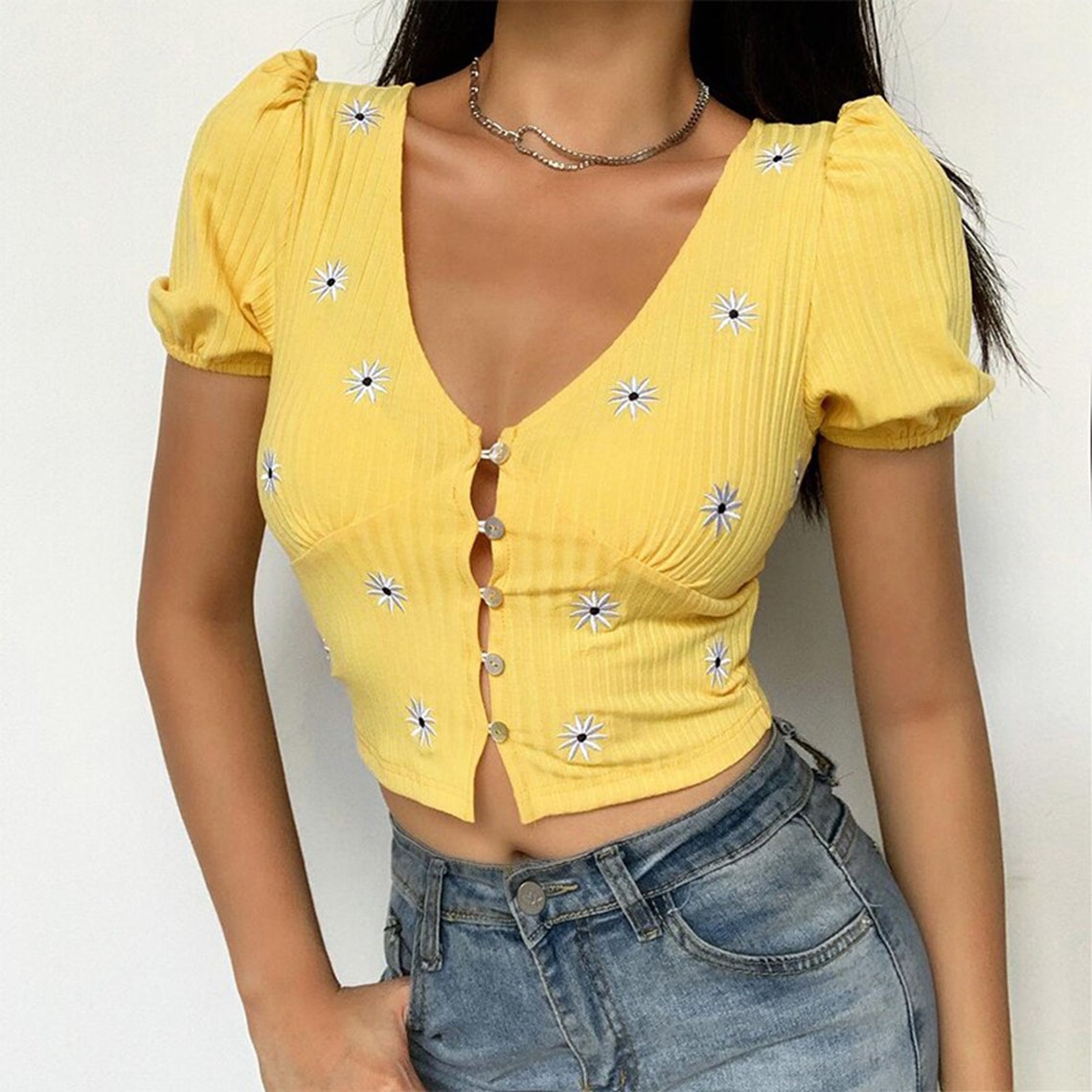 Yellow Floral Embroidered Puff Shoulder Top