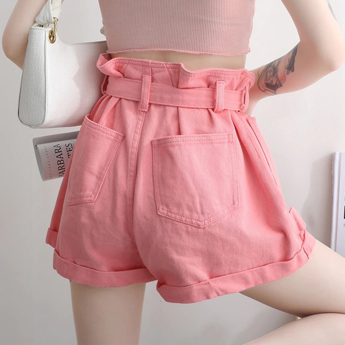 Vintage Pink Elastic Pleated Wide Leg Shorts