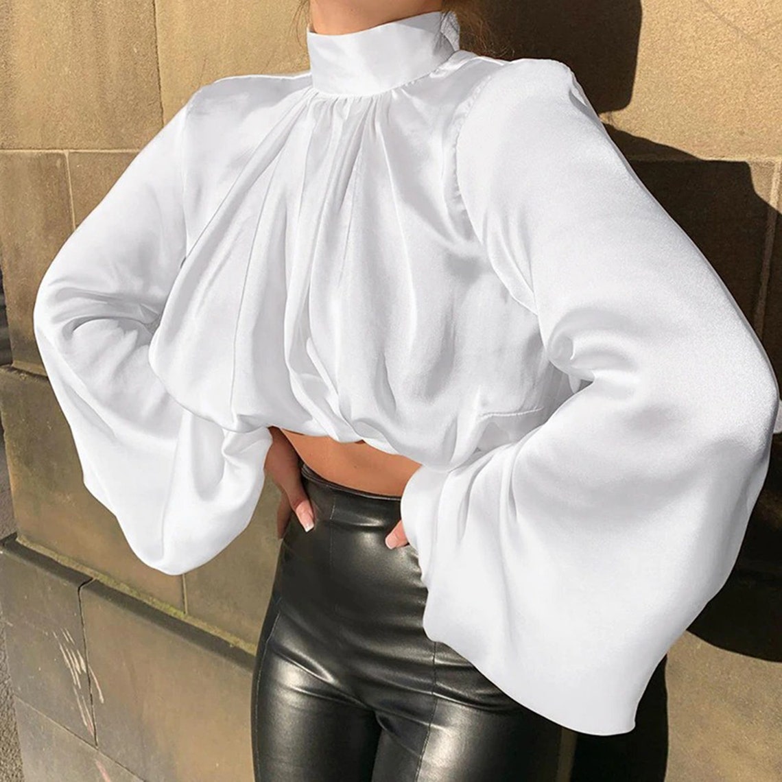 Casual Fashion Silk Lantern Sleeves Crop Top
