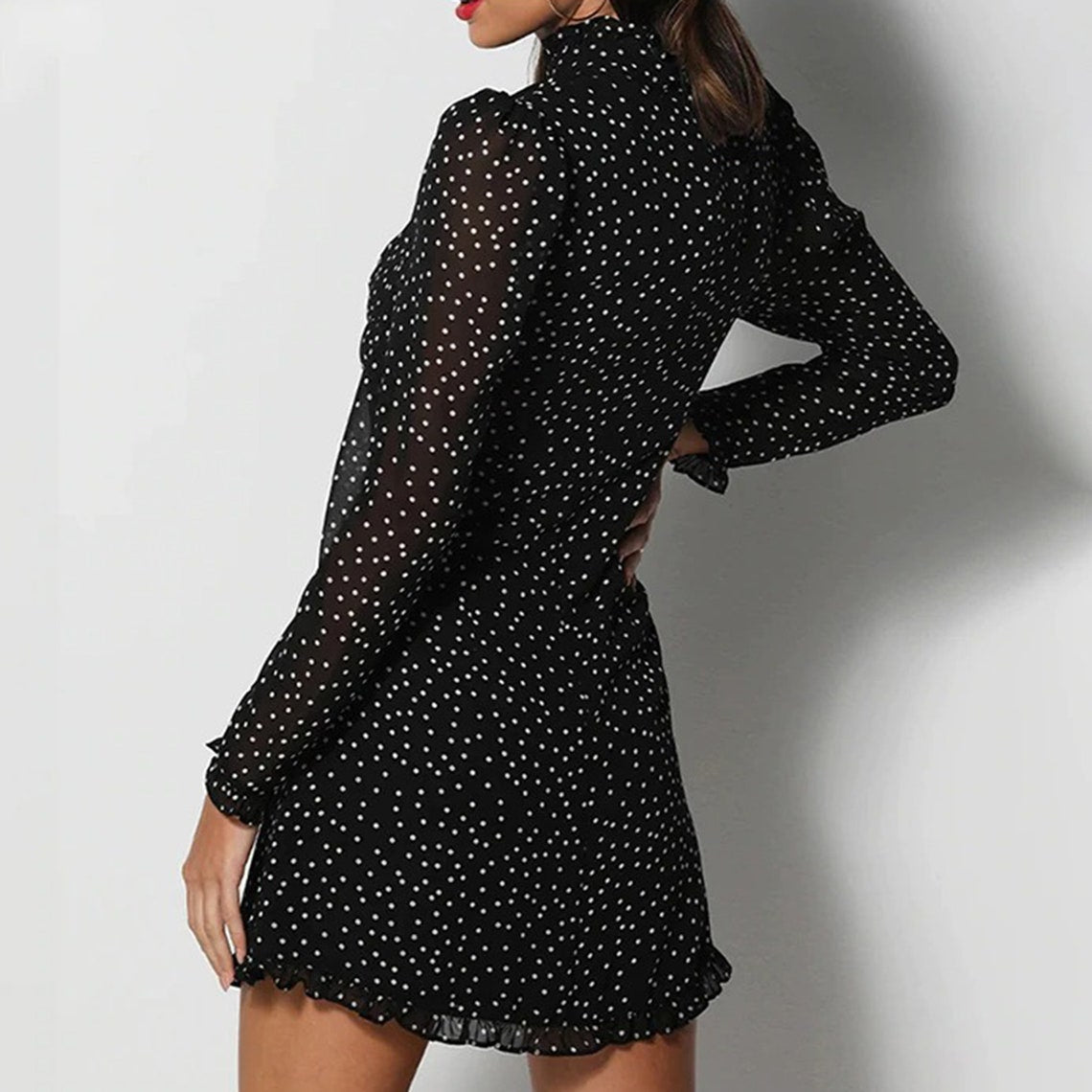 Black Chiffon Mini Polka Dots Print Mini Dress