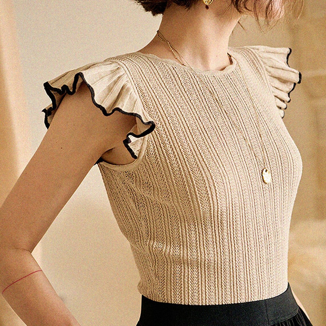 Butterfly Ruffled Sleeves Ribbed Chic Top