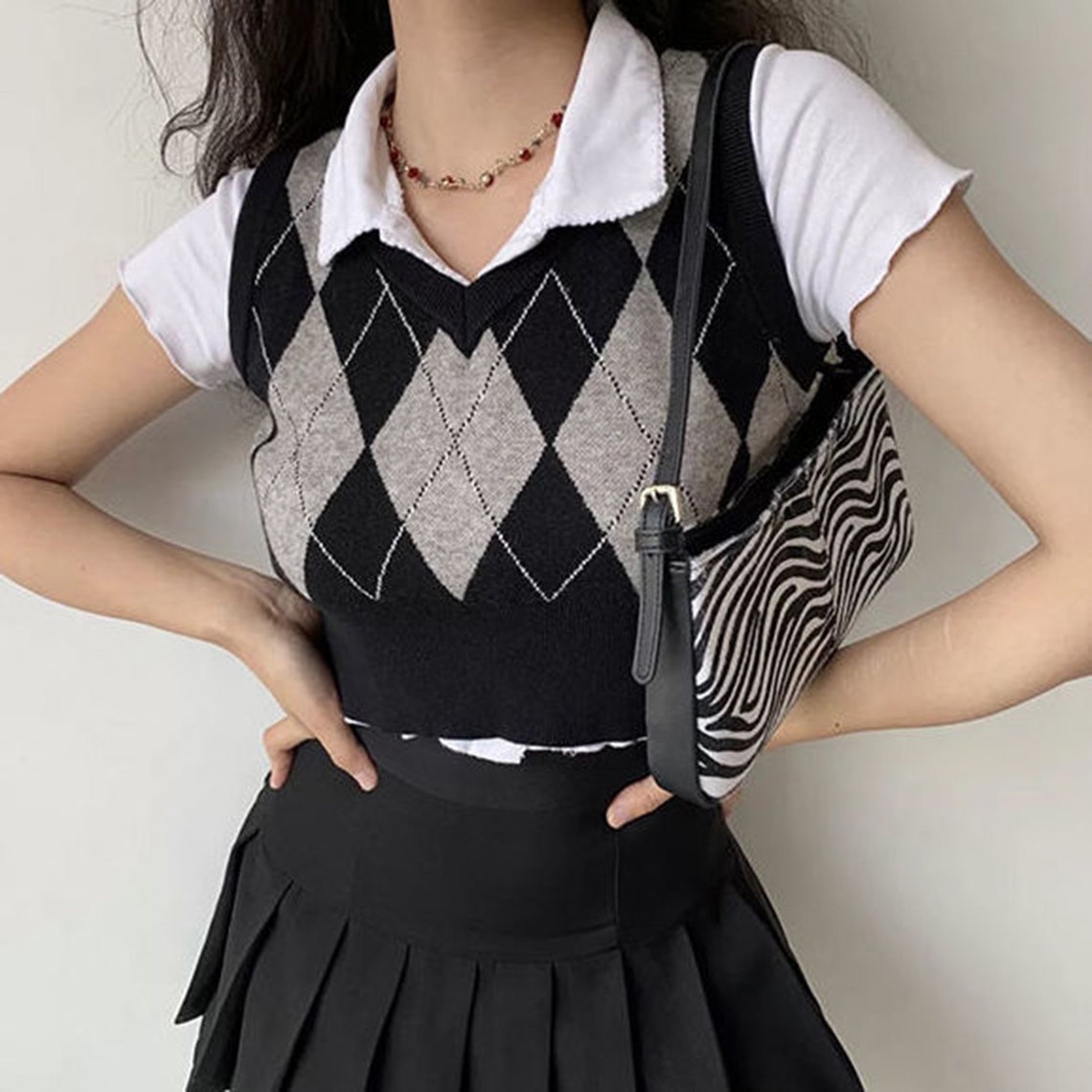 Argyle Harajuku Patterned Preppy Knitted V-neck Vest Top