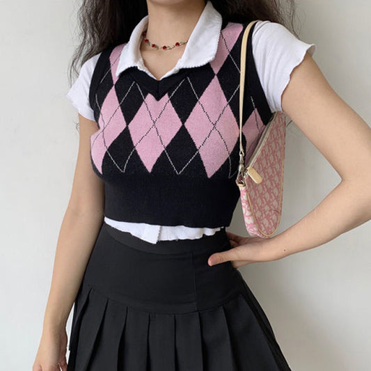 Argyle Harajuku Patterned Preppy Knitted V-neck Vest Top