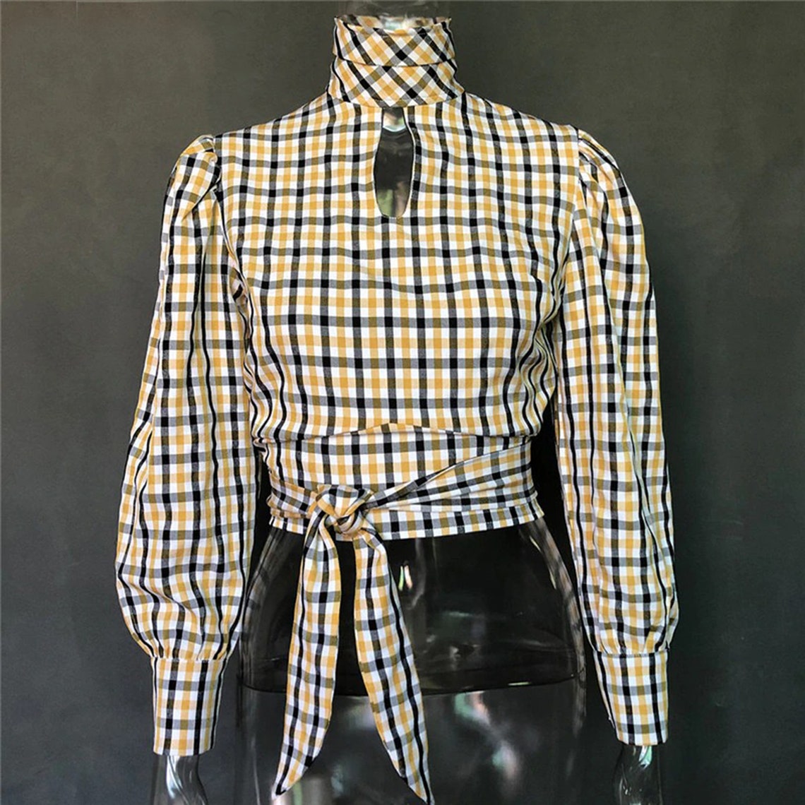 Backless Plaid Pattern Print Turtleneck Fashion Blouse