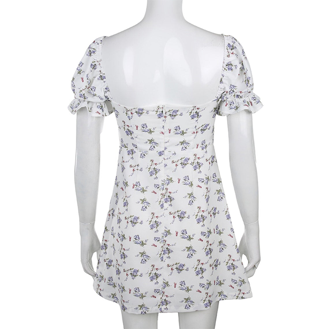 White Floral Print Square Collar Slim Dress