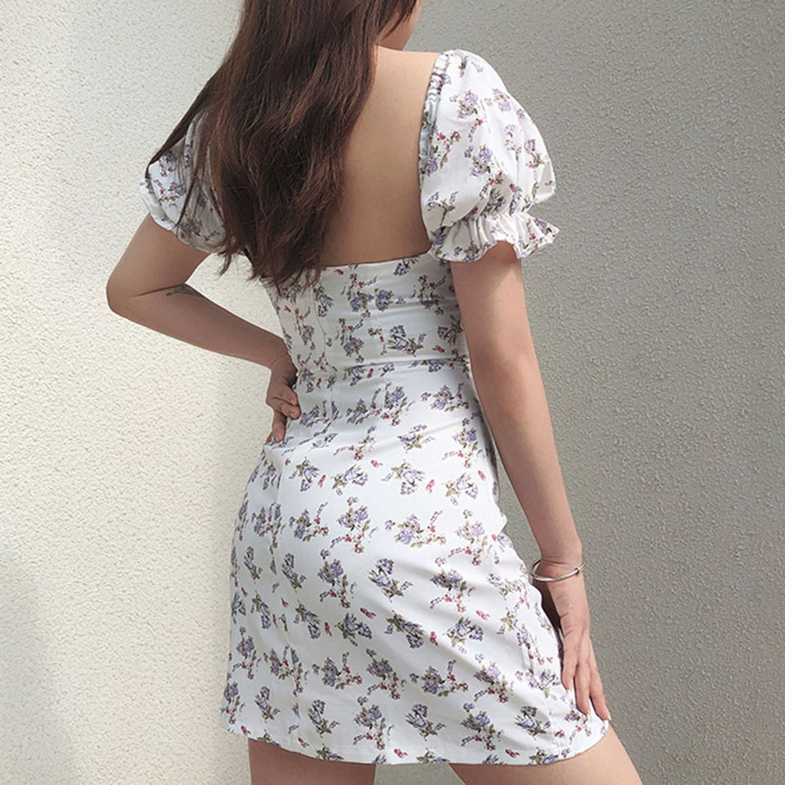 White Floral Print Square Collar Slim Dress