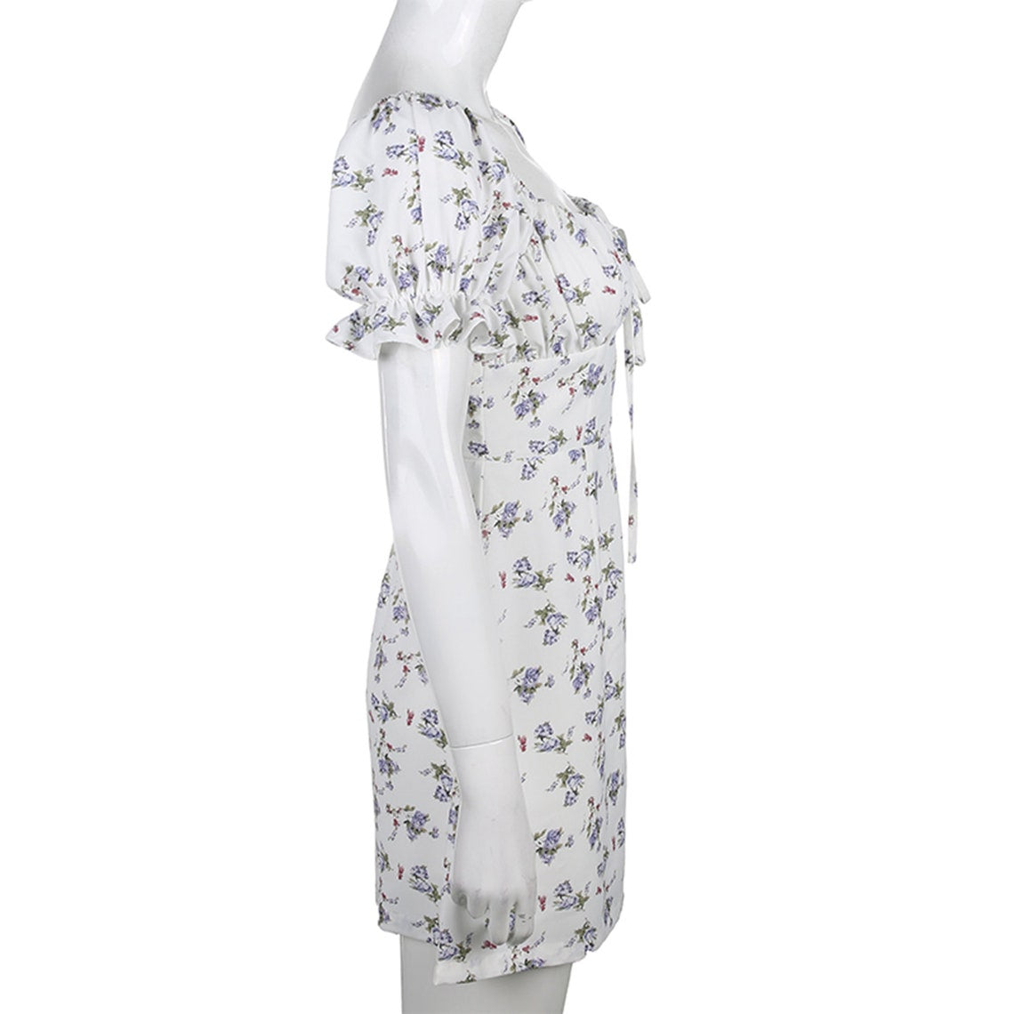 White Floral Print Square Collar Slim Dress