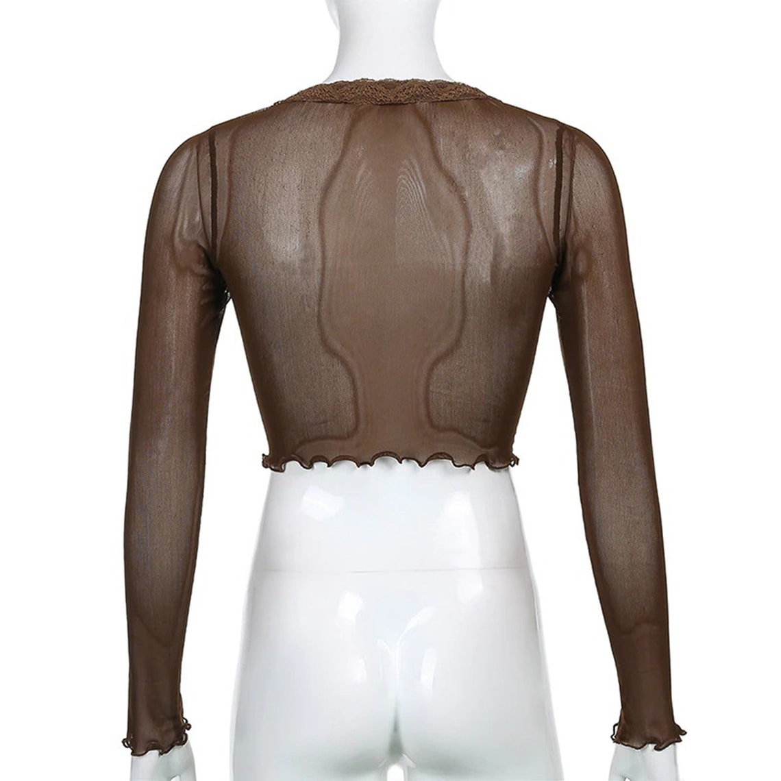Brown See-through Vintage Floral Lace Cropped Tees