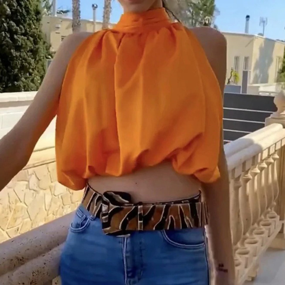 Orange Pleated High Neck Bow Knot Back Lantern Top