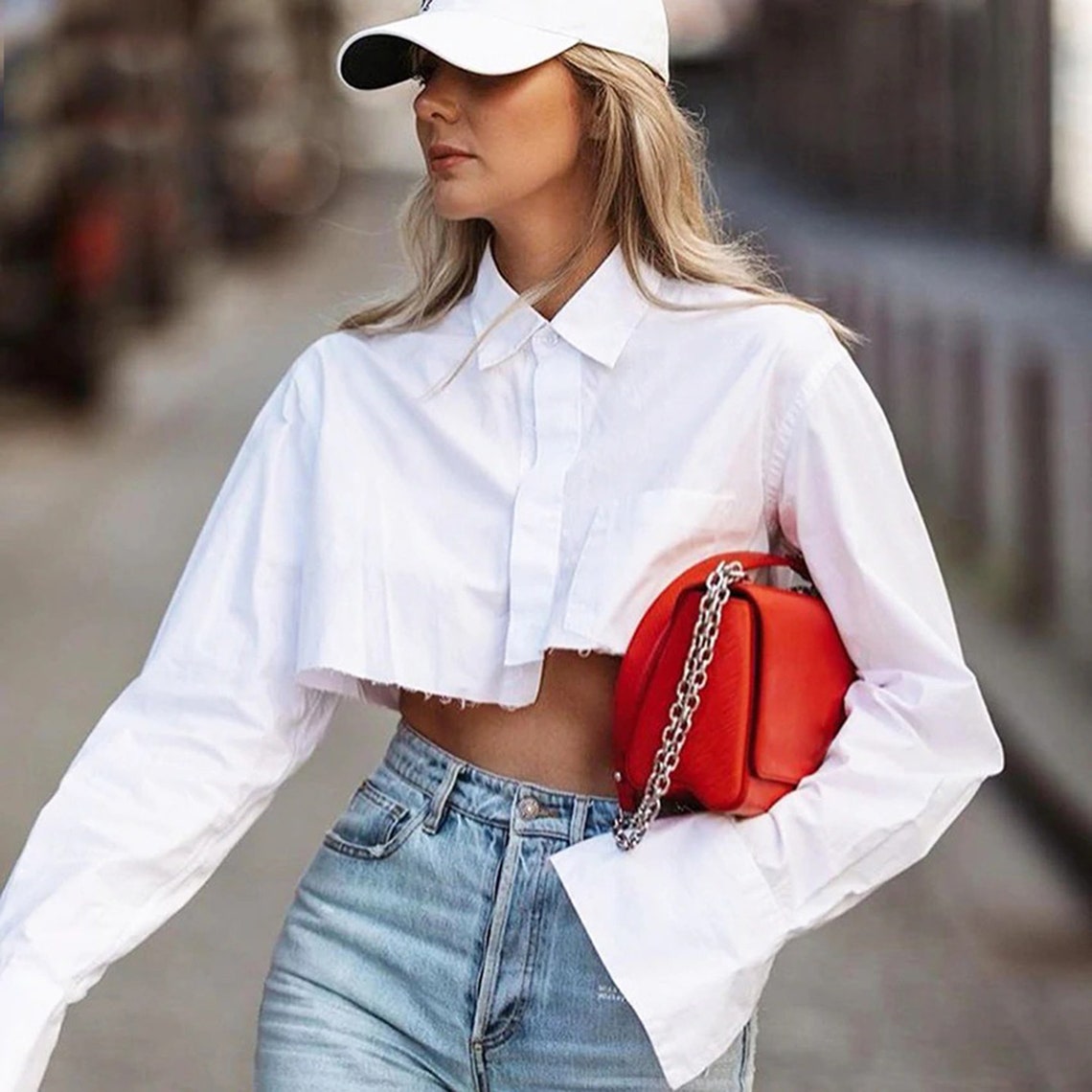 Sexy Turn Down Straight Collar Flare Long Sleeves Crop Top